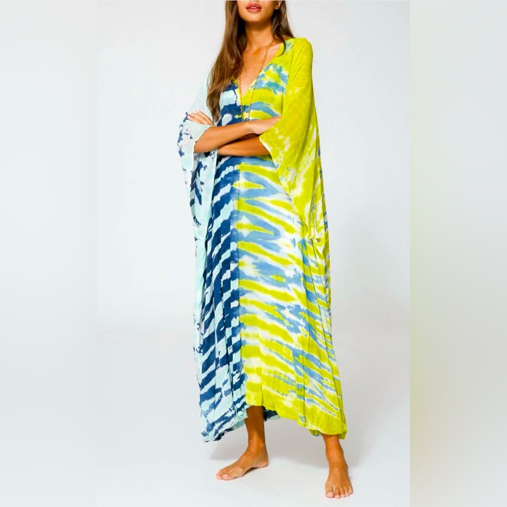🌟YOUNG FABULOUS BROKE YFB Cyrilla Tie Dye Kaftan Dress in Zest Reef Wash 🌟 M/L
